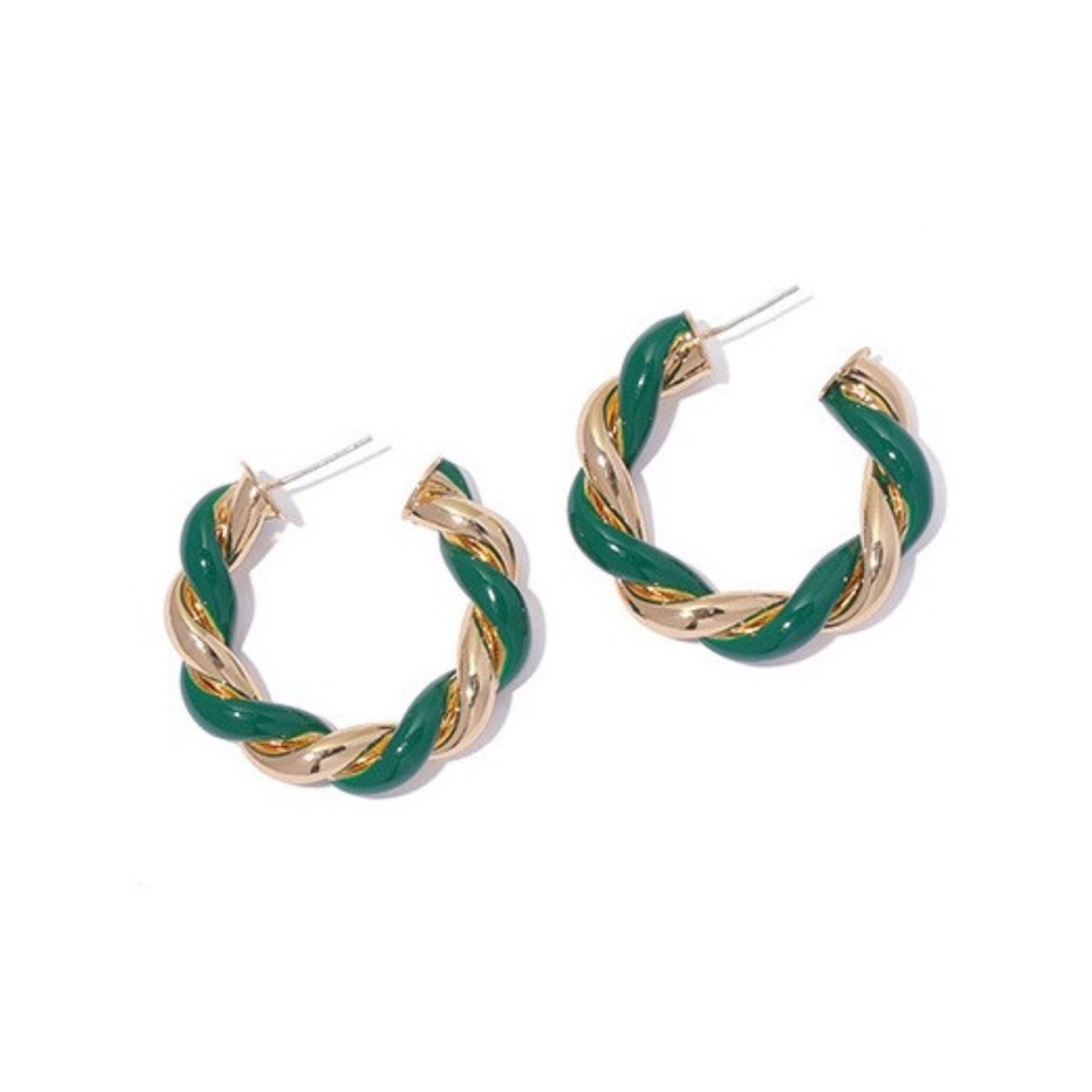 On 34th Elegant Gold and Green Twisted Hoop Earrings